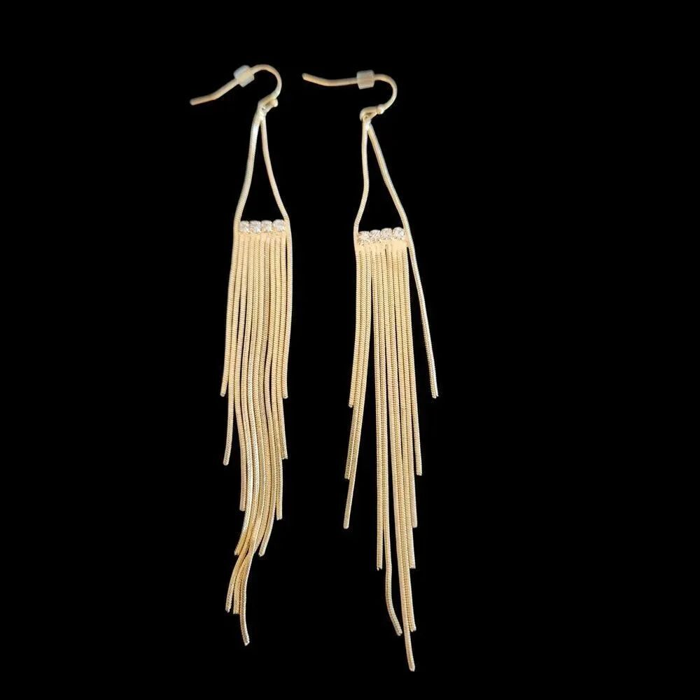 Unbranded Elegant Goldtone & Crystal Snake Chain Long Tassel Earrings NWOT